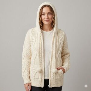 Handmade Peruvian Ivory Cable Knit Hooded Merino Wool Full-Zip Cardigan - Medium
